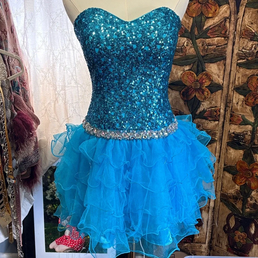 Blue Sequin Strapless Dress Y2K - Picture 1 of 12